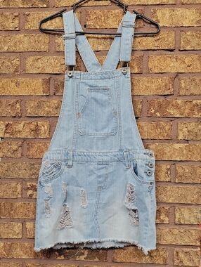 Highway Jeans Denim Distressed Light Wash Overall Mini Skirt Size Medium